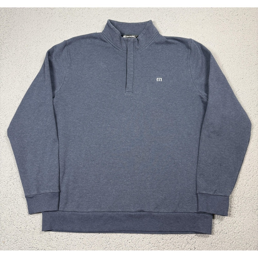Travis Mathew Sweatshirt Mens XL Blue‎ Fleece 1/4 Zip Mock Neck Pullover Logo